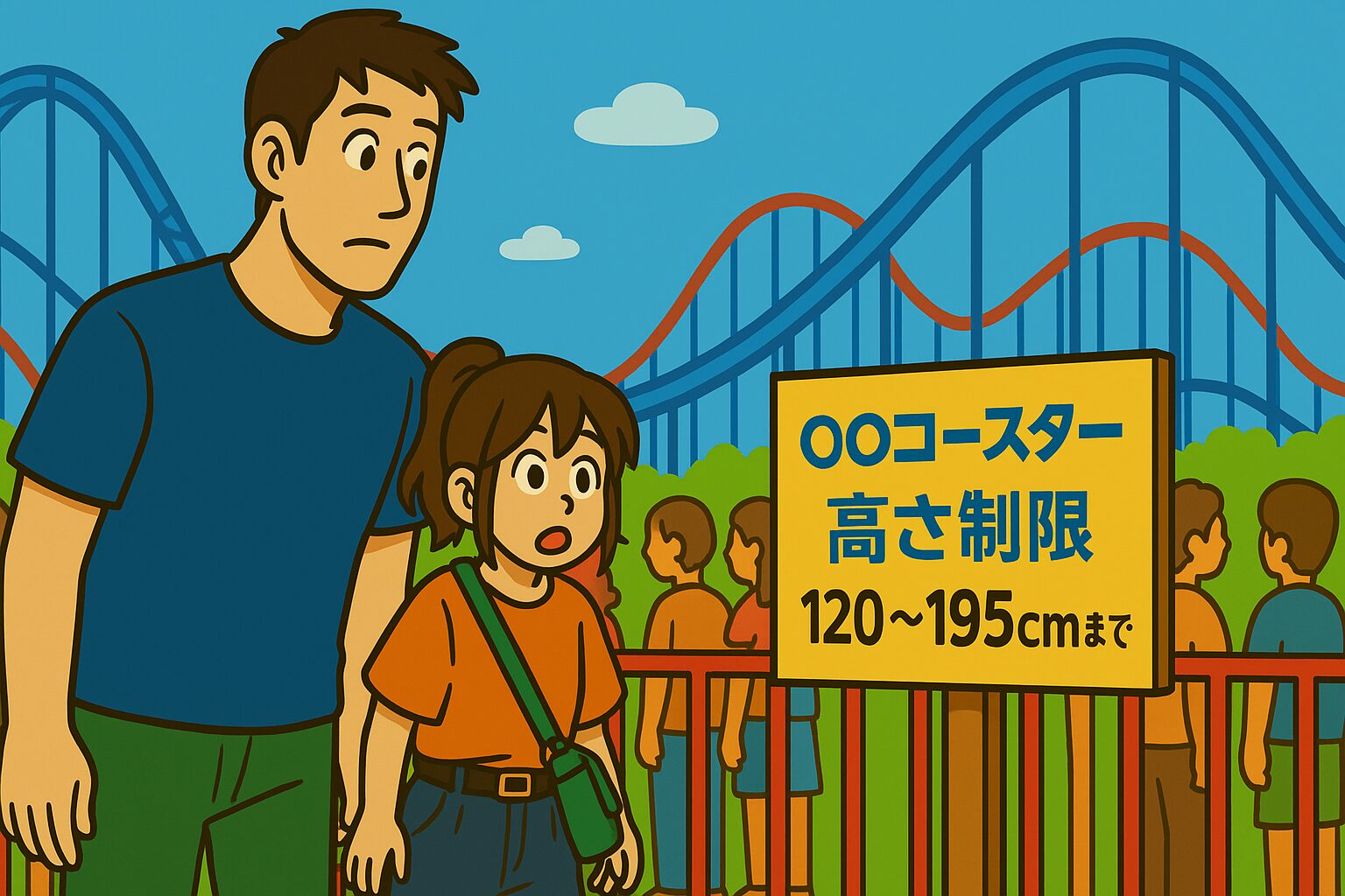 遊園地のコースター前の列で、身長制限「120〜195cm」の看板を見つけ驚く192cmの男性と身長ちっちゃめの女性カップルのイラスト。 「身長制限ギリギリ！？コースター前で看板を見つけてドキドキの瞬間」 遊園地のコースター前で「120〜195cmまで」の看板を発見！