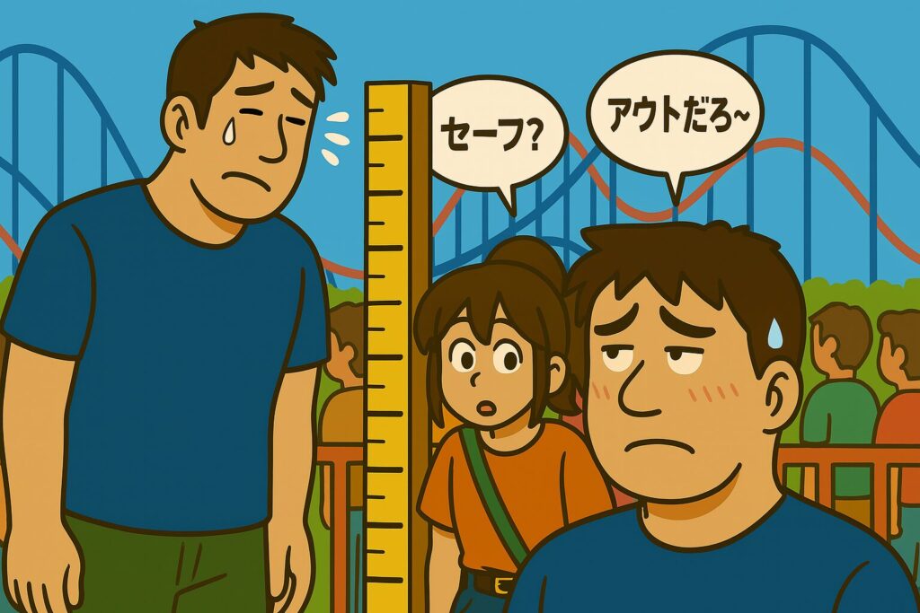 遊園地のジェットコースター前で、身長192cmの男性（タッカーズ）が身長測定の前に立ち、周囲の人たちから「セーフ？」「アウトだろ〜」とヒソヒソ話をされ、恥ずかしそうにしている様子。隣には小柄な彼女が心配そうに見つめている。