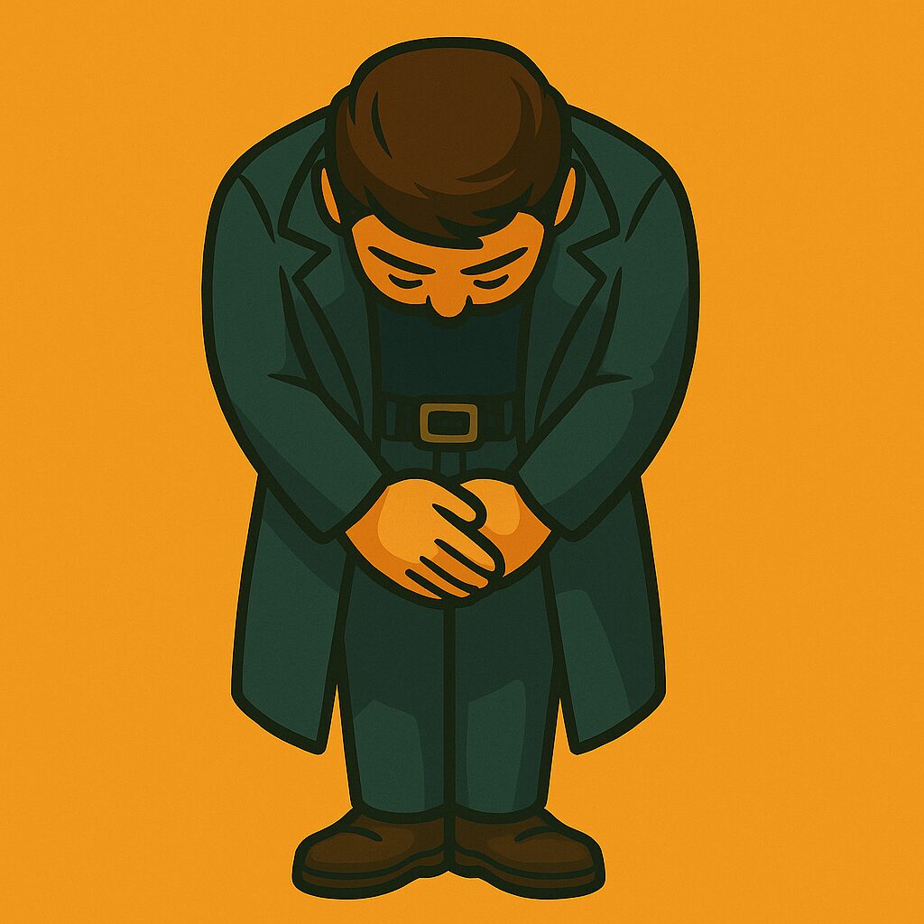 黒いロングコート姿の男性キャラクターが、正面を向いて丁寧に深くお辞儀をしているイラスト。顔は頭を下げていて見えず、背景は温かみのあるオレンジ色で、感謝と敬意の気持ちが伝わる構図。