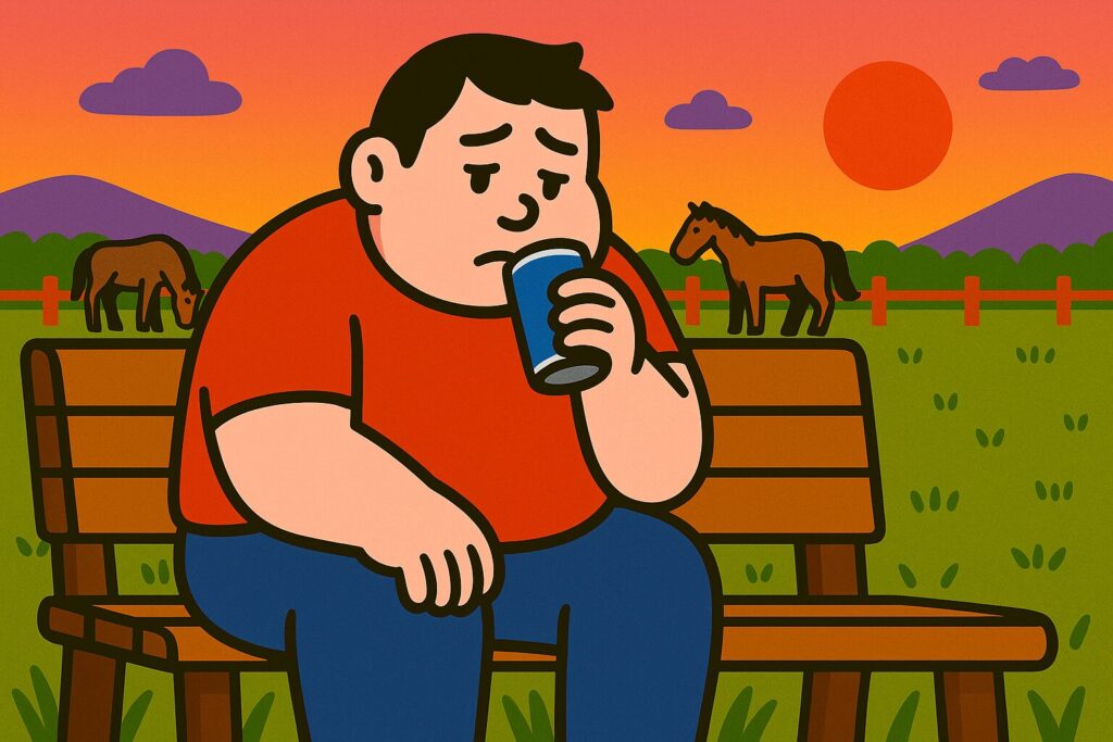 体重と身長制限で全てのアクティビティに挑戦できなかったおもリッチが、夕焼けの牧場のベンチで1人缶コーヒーを飲み、寂しそうにうつむいているイラスト。 「全部NG…夕焼けの牧場で缶コーヒーと共に沈むおもリッチの背中」 夕焼けのベンチで缶コーヒーを片手に静かにたたずむ姿に、思わずグッときます。