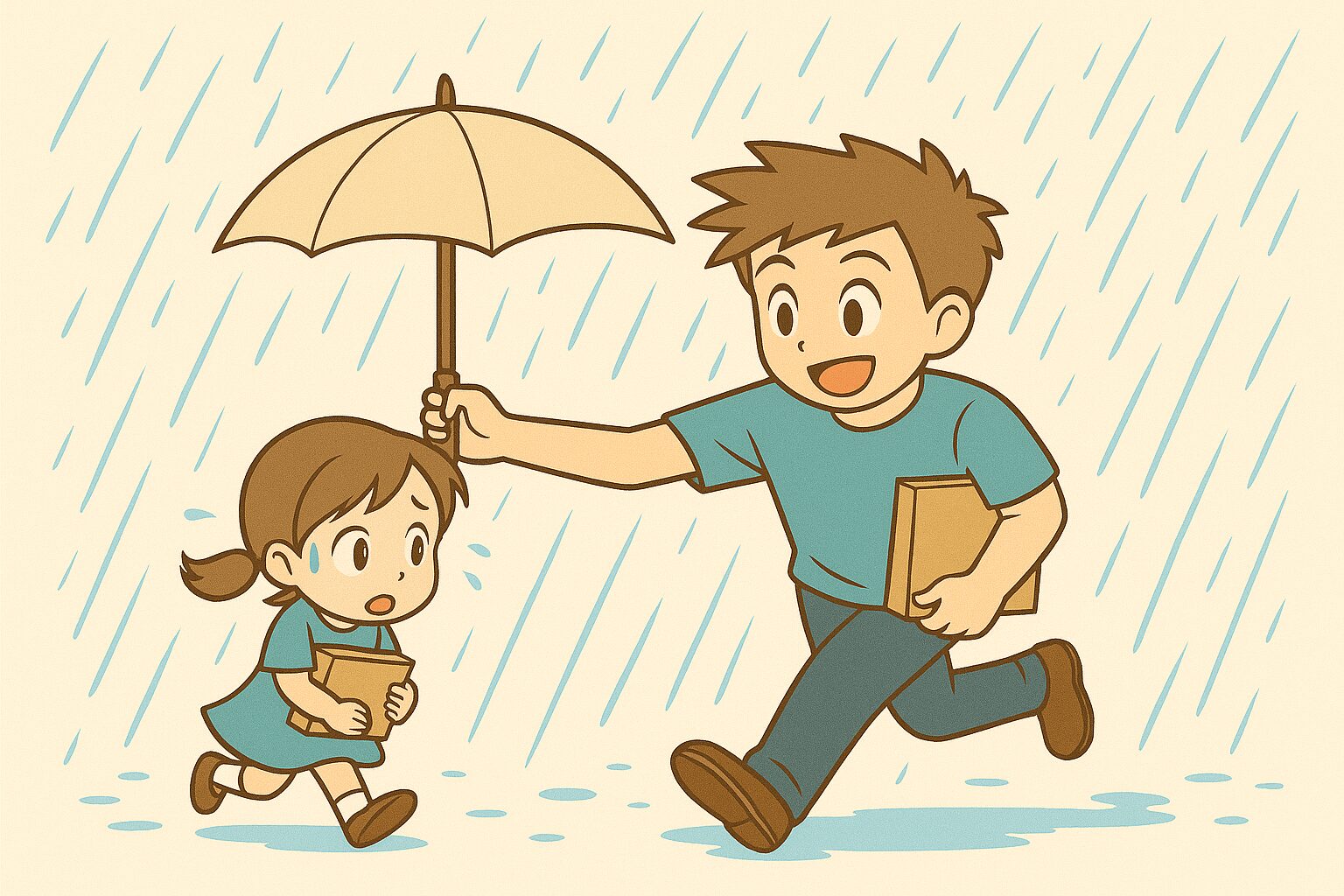 雨の中、男の子が小さな女の子に傘を差し掛けて一緒に走っているイラスト 雨の日のダッシュ！守ってあげたい優しい傘のワンシーン 激しい雨、傘を持っていない女の子に急いで走り寄る男の人の心温まる場面。