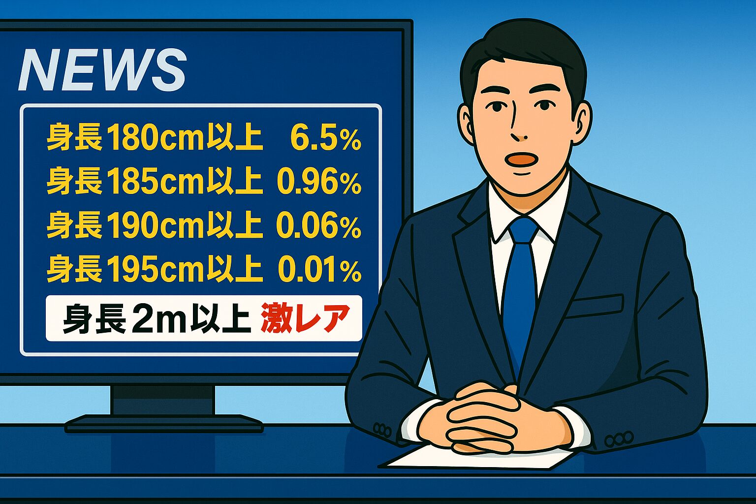 ニュース番組の画面に男性アナウンサーが登場し、身長別の割合データが画面に表示されている。「身長180cm以上 6.5％」「185cm以上 0.96％」「190cm以上 0.06％」「195cm以上 0.01％」「2m以上 激レア」と表示。 「身長2m超えは激レア！？日本人男性・高身長率データをチェック」 身長190cm超えたら、ほぼ絶滅危惧種…