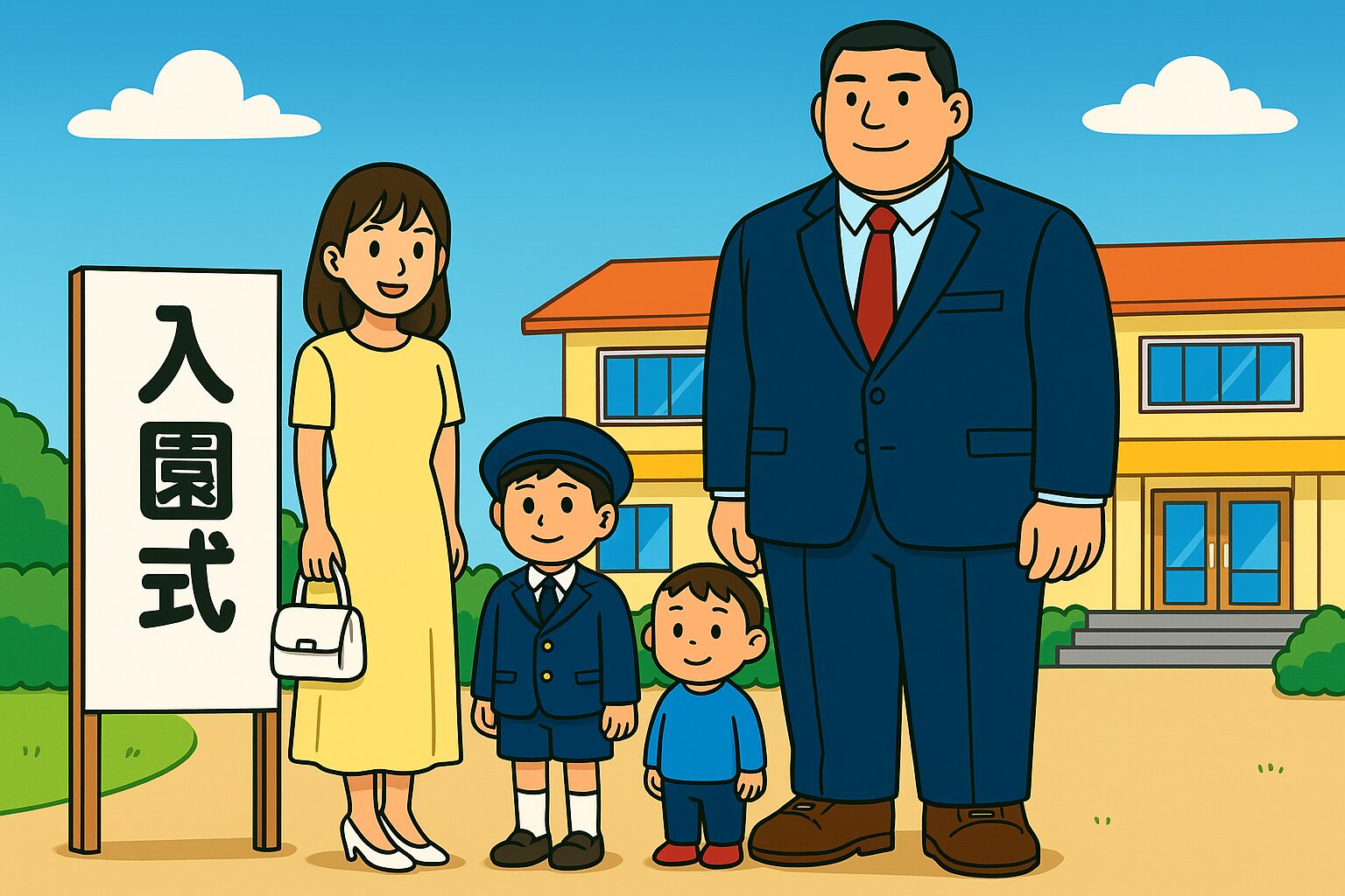 幼稚園の入園式で、家族4人が「入園式」と書かれた看板の前で記念写真を撮っている様子。父親（192cm、紺色スーツ・赤ネクタイ）が大柄で目立ち、母親（148cm、薄黄色のロングドレス）が小柄で可愛らしい対比が際立つ。長男（4才）は紺色の制服に紺のベレー帽、次男（2才）はブルーの服。背景には2階建ての幼稚園の建物が描かれている。 「身長差が映える！家族で迎えた“でか族幼稚園”入園式」 小柄なママと超大柄なパパ、長男幼稚園の入園式の1枚