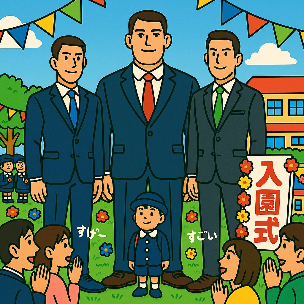 幼稚園の入園式で、190cm台の高身長なお父さん3人が園庭中央に並び、前には制服姿の次男(4才)が立っている。周囲には他の保護者たちが集まり、「すげー」「すごい」とヒソヒソ話をしている様子。 「入園式に集う奇跡の190cm台」〜すげー率が異常な園庭〜 全国で0.06%しかいないはずの190cm超えが、なぜか幼稚園の入園式に3人も集合!?
