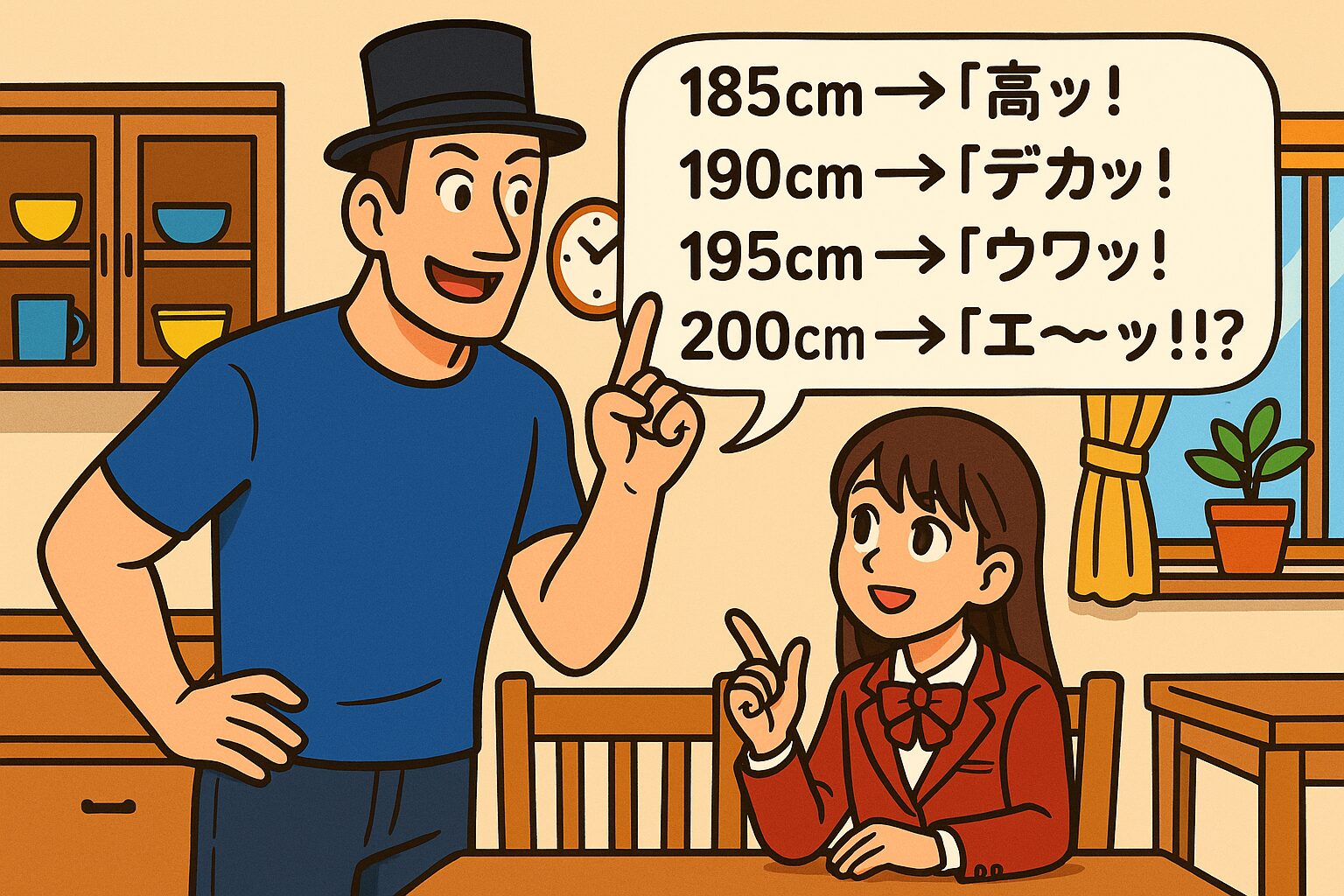 自宅ダイニングで、細マッチョな高身長のタッカーズ（身長192cm）のおじさんが、女子高生の姪っ子（身長160cm）に「185cm→高ッ！」「190cm→デカッ！」「195cm→ウワッ！」「200cm→エ〜ッ!?」と、高身長男子に対する周囲の反応の違いを説明しているシーン。姪っ子は憧れの眼差しで話を聞いている。 高身長男子のリアクション段階を教えるタッカーズおじさんと姪っ子の会話 背の高さで変わるリアクション！