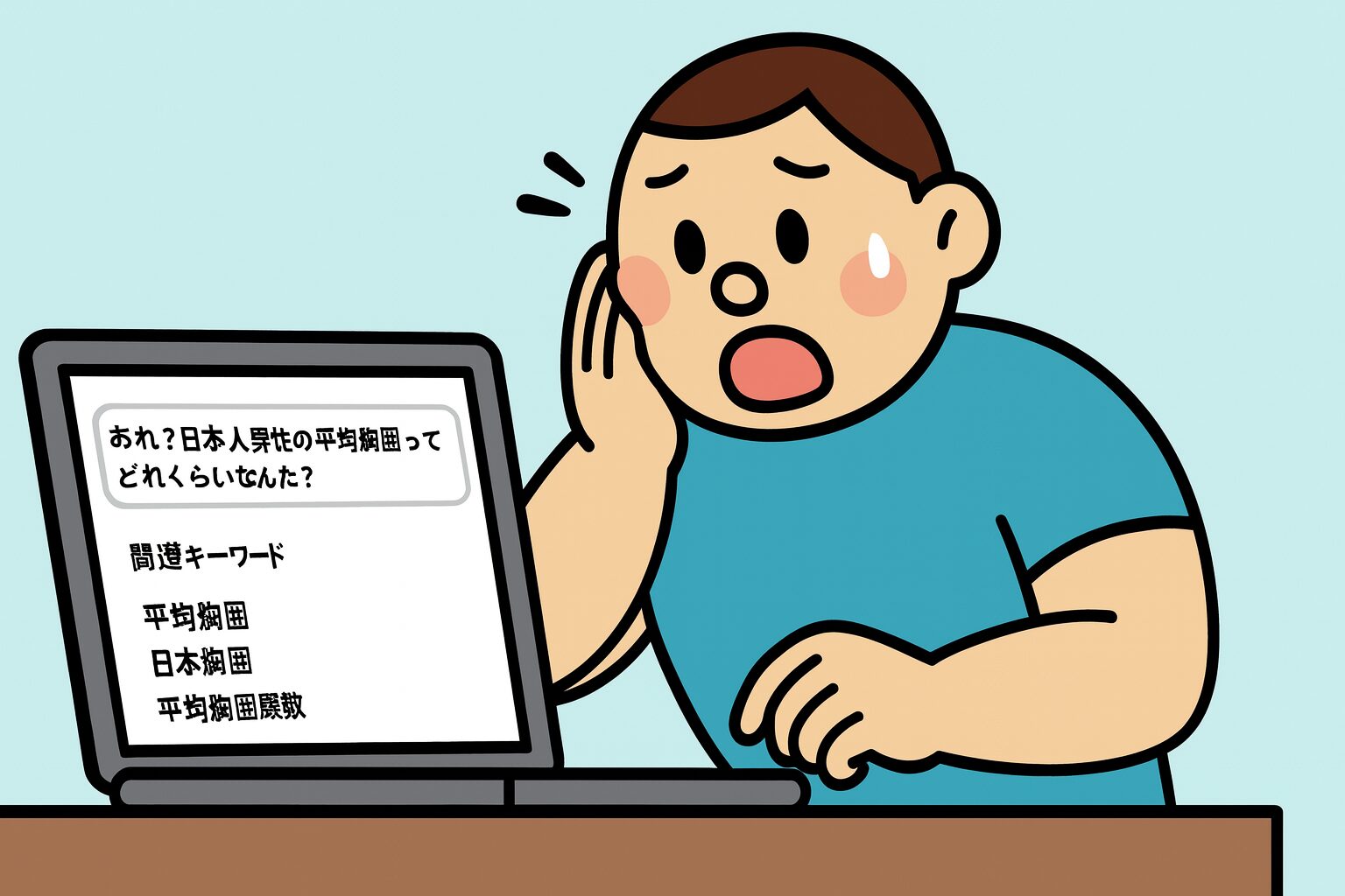 オーバーサイズ倶楽部のハト胸兄さんが、「日本人男性の平均胸囲」をネット検索し、その細さに驚いてパソコン前で固まっている様子を描いたイラスト。明るい原色で表現されたポップなデザイン。