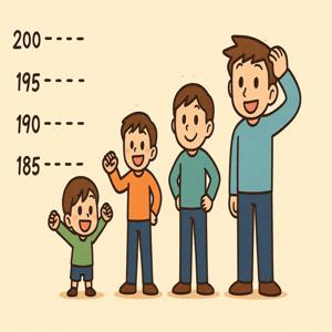 左に200/195/190/185cmの目盛りが描かれた背景の前で、年齢や身長が異なる4人の男性が成長順・身長順に並んでいるイラスト。左から右に向かってどんどん大きくなっていき、一番右の大柄な男性は頭をかきながら笑顔を見せている。身長によって周囲の反応が変わるテーマを表現している。 高身長は“段階”でリアクションが違う!185cm~200cm超えまでの現実あるある図解 背の高さ別に変わるリアルな周囲の反応を楽しく図解!