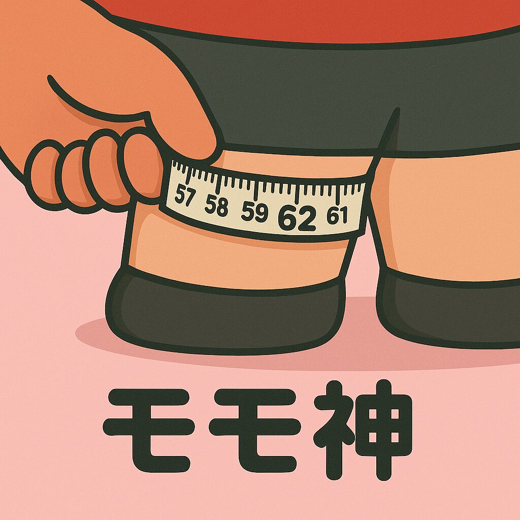 オーバーサイズ倶楽部のモモ神が、自分の太ももをメジャーで測っている様子。メジャーには「62cm」と明確に表示されており、モモ神はどや顔気味に堂々とポーズ。太ももの太さが一般男性の胸囲に匹敵することを伝えるユーモラスなイラスト。
