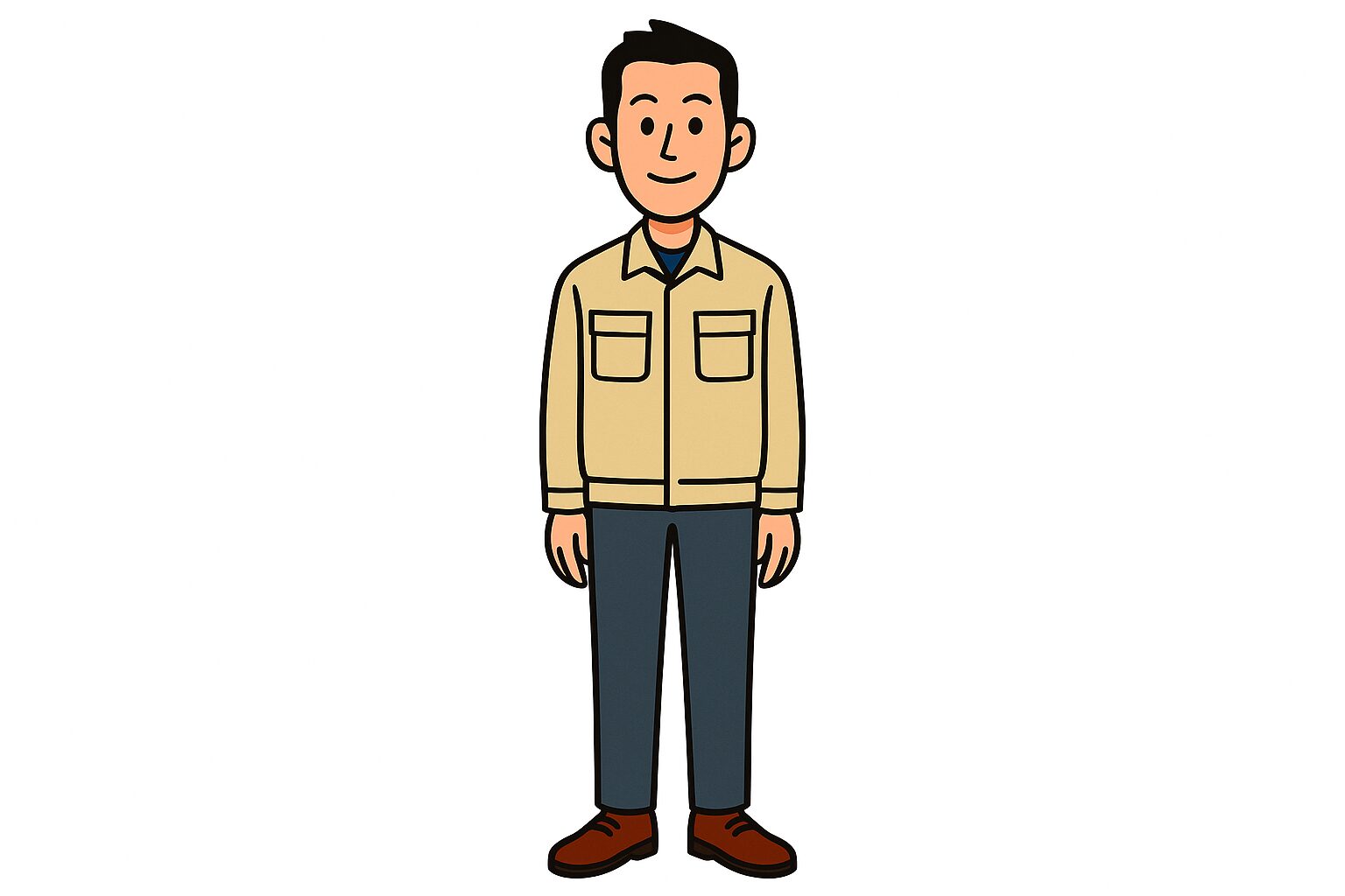 170cmの平均身長の男性社員が正面を向き、これから同僚と背比べしようとしている場面のイラスト。 背比べ直前！平均身長男子の緊張のひととき 身長170cmの男性社員、先輩の「どっちが高い？」の一言で、同僚との背比べに臨む直前の姿。