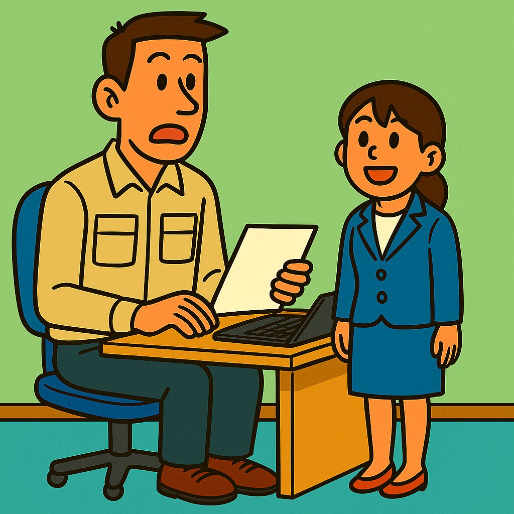 社内でパソコン作業中の大柄な男性社員（座高が高く目線ズレ族）と、小柄な新入社員の女性が並んで立ち、座っている男性と立っている女性の目線の高さがちょうど同じになっているシーンのイラスト。 まさかの目線一致！座高95cm vs 身長150cmの攻防 立っている新入社員と、座っている男性社員の目線がピタリと一致。