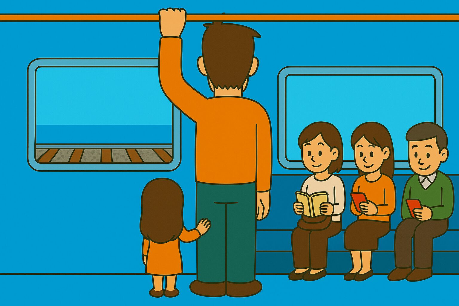 満席の電車内で、座席前に立つ背の高い男性（タッカーズ）と小柄な女性（奥さん）の後ろ姿。男性は吊革の上のバーをつかみ、女性は男性のズボンをつかんで立っている。窓からは線路が見えており、座席には他の乗客が座っている。 「満員電車、立つしかないタッカーズ夫妻の“目線ギャップ”」 満席の電車、立つタッカーズはつり革の上のバーをつかみ、小柄な奥さんはズボンをつかんで安定姿勢。座席後ろの窓は、タッカーズには低すぎて遠くの景色は見えず、目の前には線路だけが広がっている——そんな目線あるある。