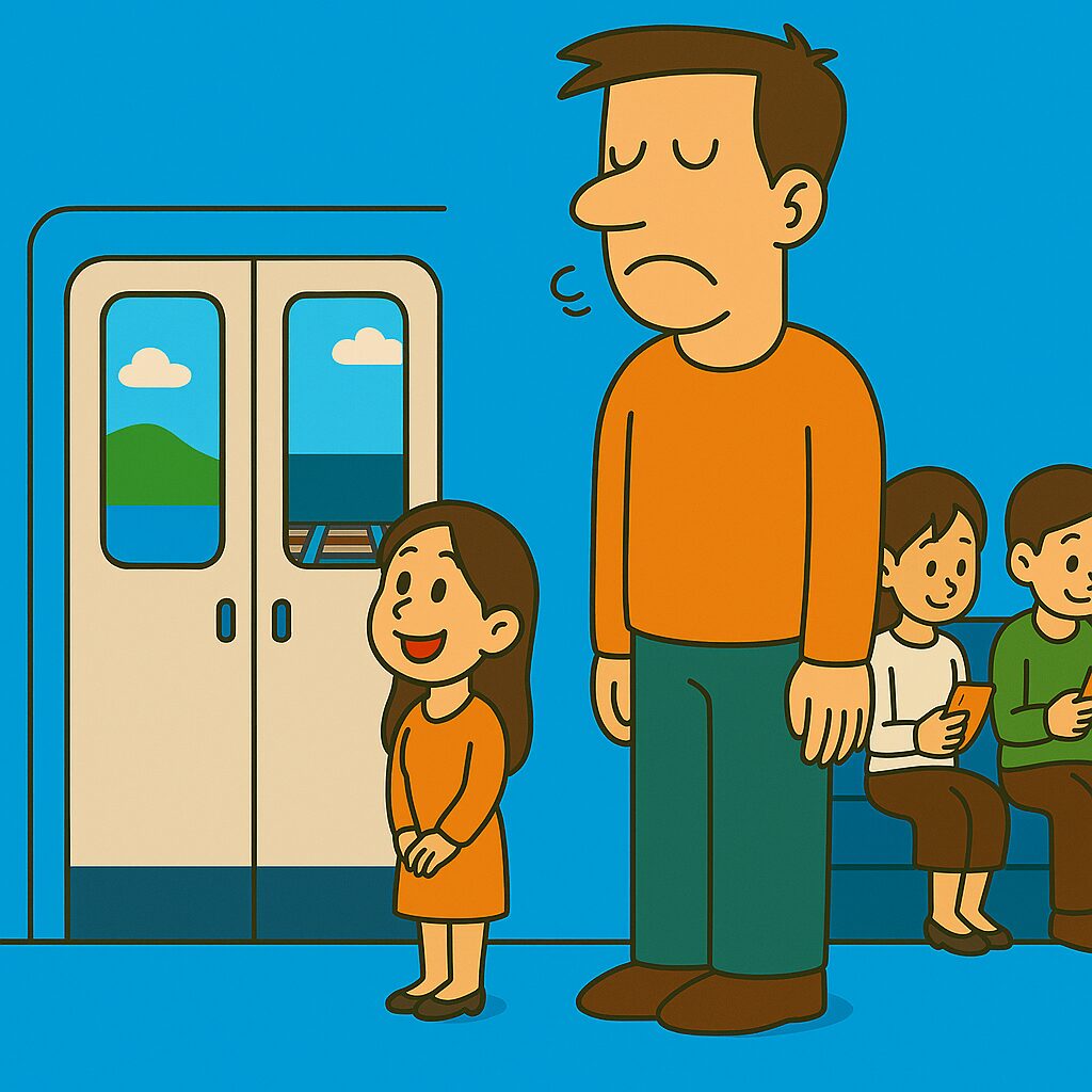 電車内で身長1.92mのタッカーズの男性が出入り口付近に立っているが、窓が低いため目の前にはレールしか見えず困った表情。一方、隣にいる身長148cmの妻は外の景色（山や雲）を楽しそうに見ている。背景には座席に座る乗客の姿も見える。 「え…レールしか見えない!? 超高身長の電車あるある」 身長1.92mのタッカーズ、電車で「景色でも見よう」と思ったら…視界はレール直行。