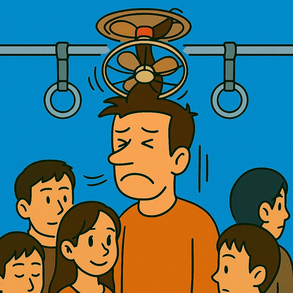 電車内の満員状態で、天井に設置されたレトロな扇風機の下に立ってしまった身長192cm＋靴で195cmのタッカーズの男性。髪の毛が扇風機に吸い込まれそうになり、困惑した表情をしている。周囲にはほかの乗客が立っている。 「凶器は頭上にあり。～満員電車と扇風機の恐怖～」 タッカーズが満員電車の天井扇風機の下でピンチに！ 髪の毛が吸い込まれる危険な瞬間。