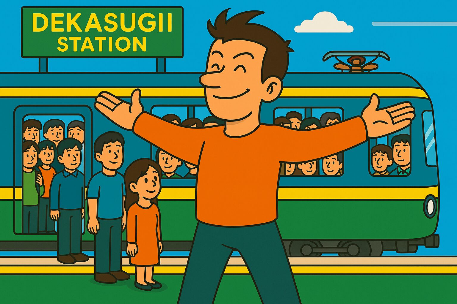 駅のホームにレトロな緑と黄色の古い電車が入ってきた様子。電車の窓にはぎゅうぎゅうに詰まった乗客たちの顔が見える。電車の屋根には天井扇風機が取り付けられている。ホームには乗客が並んで電車を見ている。青空の下、昼間の駅のホーム風景。 「扇風機付きレトロ電車、満員で到着。」 古き良き…いや、やや古びたレトロ電車がホームに滑り込む。冷房はなく、天井には扇風機。車内は満員！