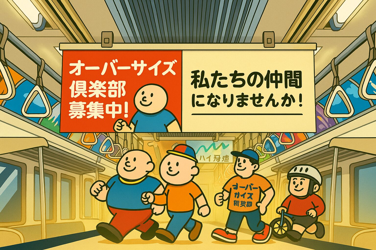 電車内の天井から吊るされた広告に「オーバーサイズ倶楽部募集中！私たちの仲間になりませんか！」と書かれている、明るくカラフルな電車内のイラスト。 オーバーサイズ倶楽部、電車広告に進出！ 電車内につり広告が登場！オーバーサイズ倶楽部があなたの通勤に語りかける。