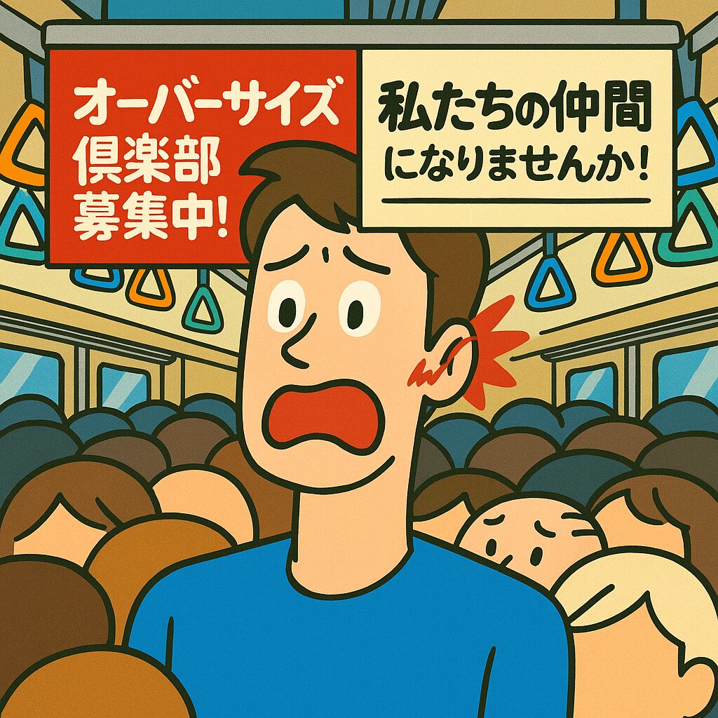 満員電車で吊り広告の端が耳に当たり、痛みに耐える背の高い男性のイラスト 吊り広告の罠!~耳スパッ事件、満員電車で発生~ タッカーズ、通勤ラッシュの満員電車で吊り広告の角に耳を切られる…!