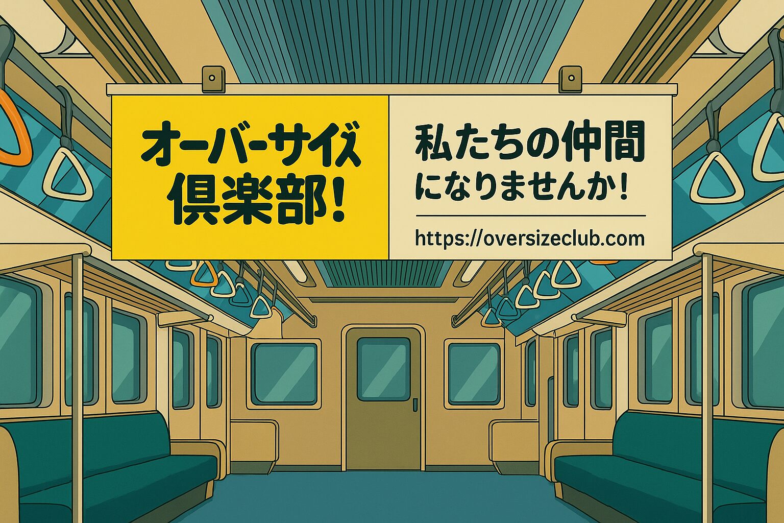 無人の電車内に吊るされた広告に「オーバーサイズ俱楽部！」「私たちの仲間になりませんか！https://https://oversizeclub.com」と書かれている。 誰もいない昼間の電車に静かに掲げられている様子。