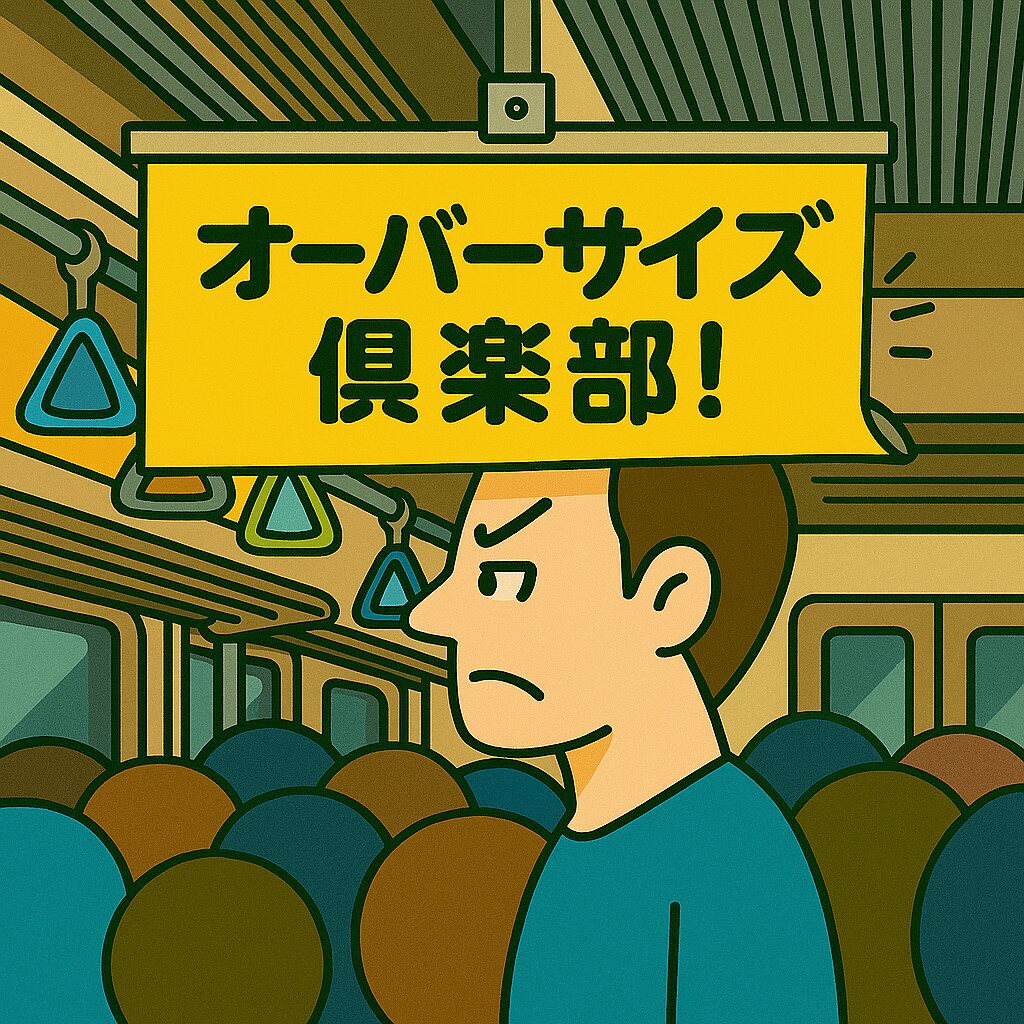 満員電車で吊り広告が頭に刺さってしまった高身長の若者を描いた、ユーモラスなデジタルイラスト。 吊り広告 vs タッカーズ──朝ラッシュ、静かなる闘い 「身長192cmの悲劇。吊り広告が、まさかの直撃。」