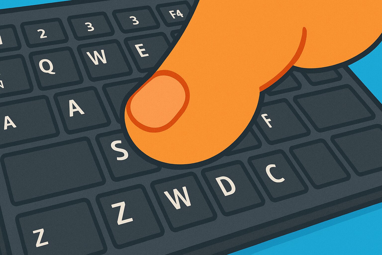 太く大きな指が、パソコンのキーボードで「S」「W」「E」「D」の4つのキーを同時に押している様子を描いたイラスト。 【1本の指で4キー同時押し！おゆびたんの苦悩】 おゆびたん、人差し指だけで「S・W・E・D」をまとめ押し！