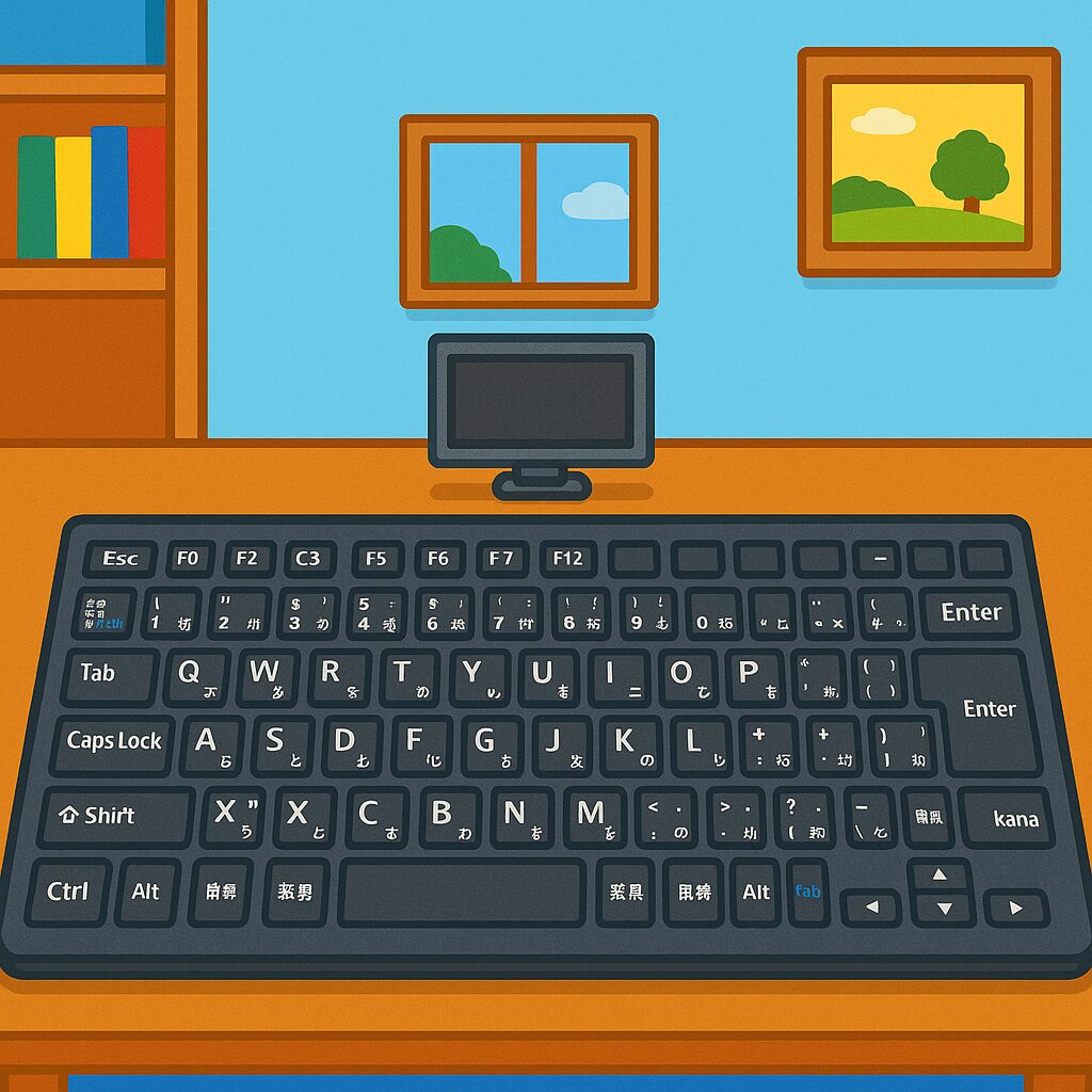 机の上に置かれた極端に大きな黒い日本語キーボードと、それに対して小さく見えるパソコンモニター。背景は明るい青壁の書斎で、本棚や窓、風景画が飾られている。 【机一杯の超特大キーボード!】 モニターが小さく見えるほど、机を覆う圧巻の巨大キーボード