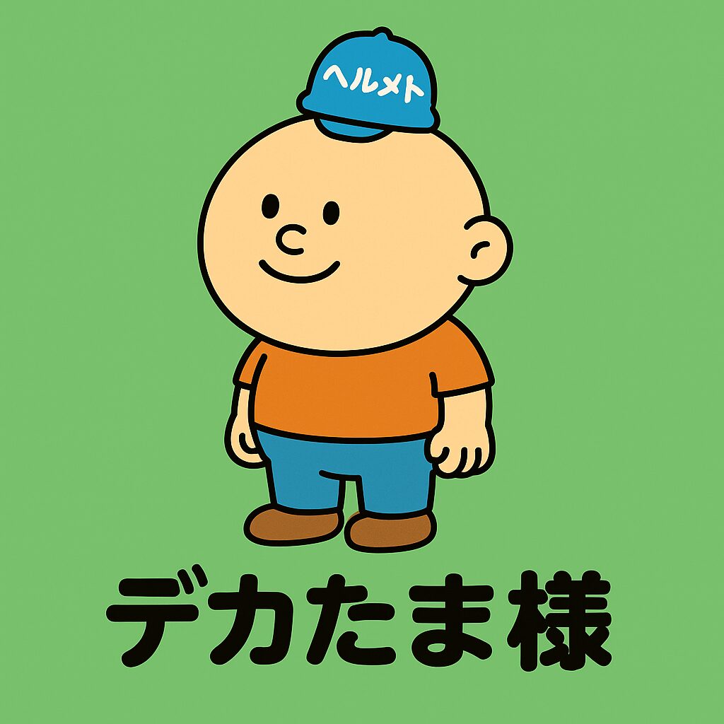 小さなリンゴほどのサイズの青いおもちゃのヘルメットを頭に乗せた、オーバーサイズ俱楽部のキャラクター「デカたま様」のイラスト。