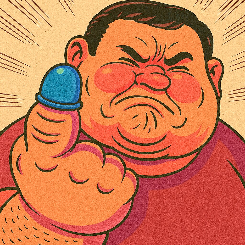 巨大な親指に無理やり指サックを装着し、顔をしかめる大柄な男性のイラスト 指サック、まさかの圧迫地獄！～おゆびたん、事務職の罠～ 「紙をめくるはずが、指の血が止まりました」