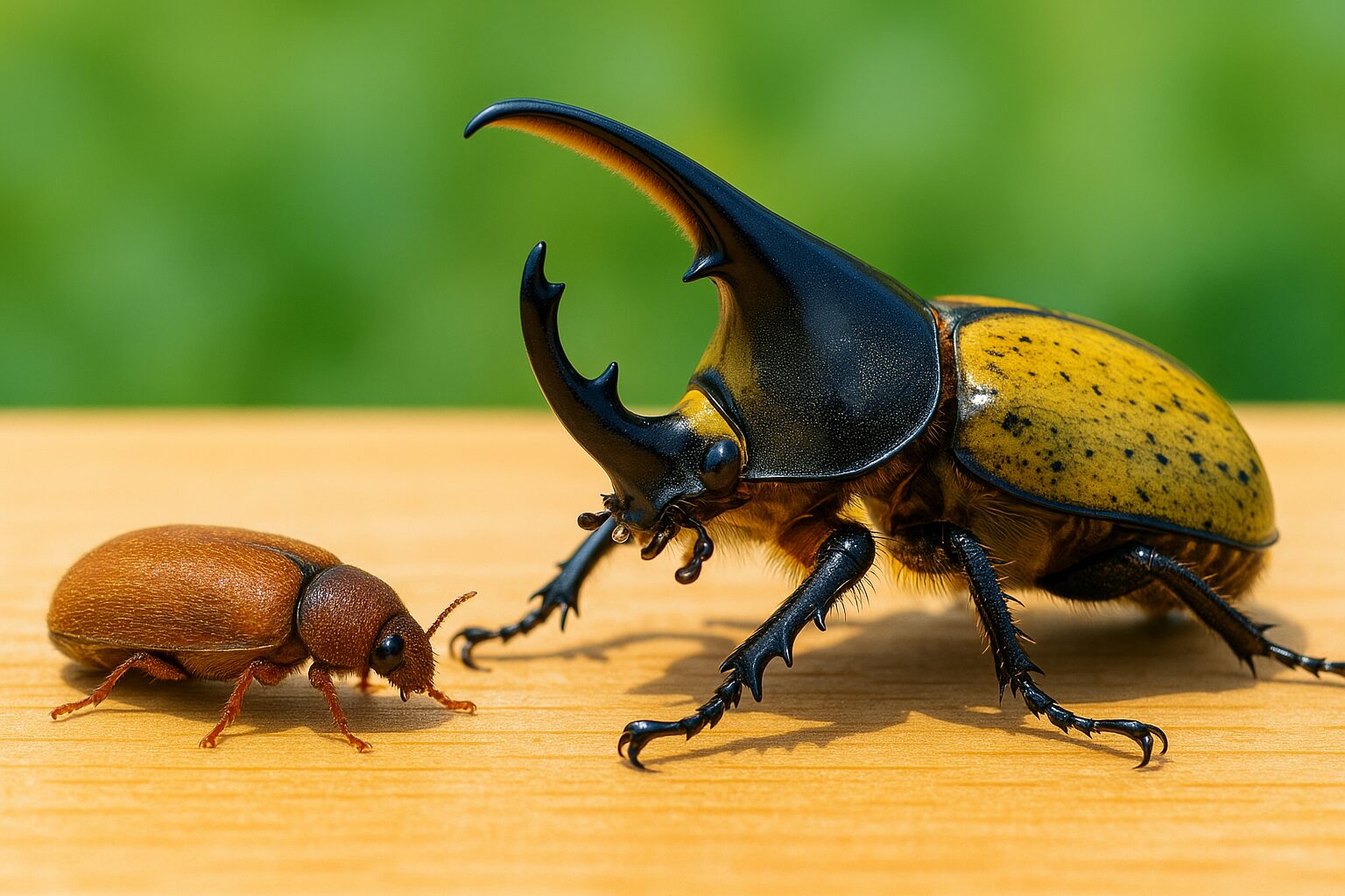シバンムシの横に立つ巨大なヘラクレスオオカブト。圧倒的なサイズ差がユーモラスに表現された昆虫のツーショット。 見た目の破壊力はサイズ以上！シバンムシ vs ヘラクレスオオカブト たった数センチの差でも、存在感は倍以上！靴のサイズも虫の大きさも、隣に並ぶと一目瞭然。
