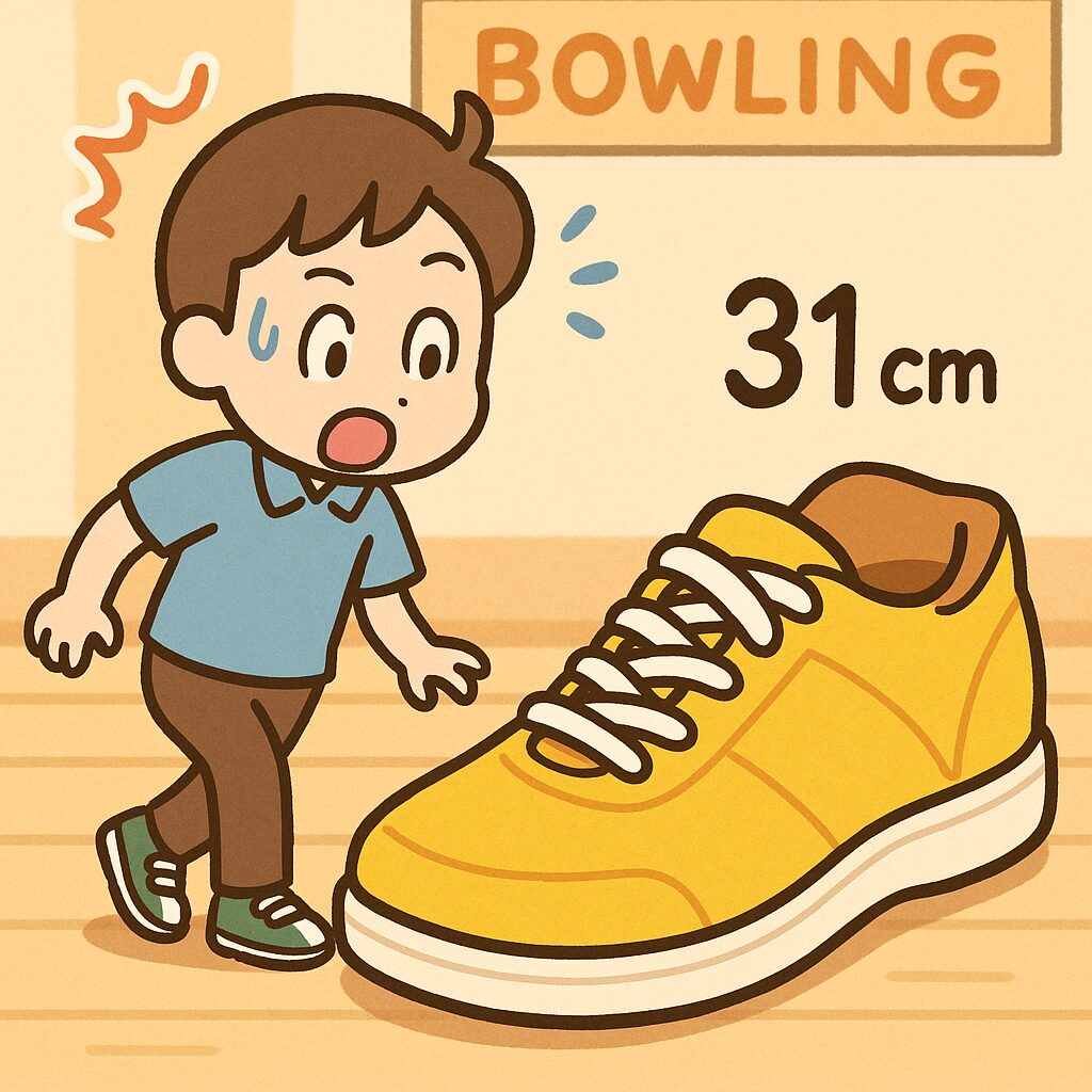 ボウリング場で31cmの巨大な黄色い靴を見つめて驚く男性のイラスト。背景に「BOWLING」の看板あり。 脱いだ靴が主役！？視線を集める“31cm”の衝撃 えっ！？ポンと置かれた31cmの靴に、周囲は2度見。