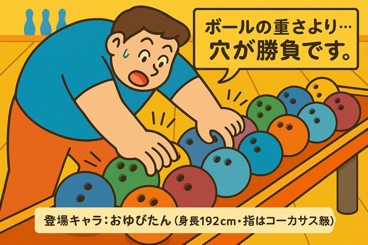 ボウリング場で、球の指穴に次々と親指を試し入れしている大柄な男性。球は棚に並んでおり、男性は真剣な表情で指のサイズを確認している。 親指が…入らん！～ボウリング玉が俺を拒否する～ 球の重さより、指穴サイズが命！指コーカサス級の私が、全ての球に親指を差し込んで挑むコミカルな一幕。