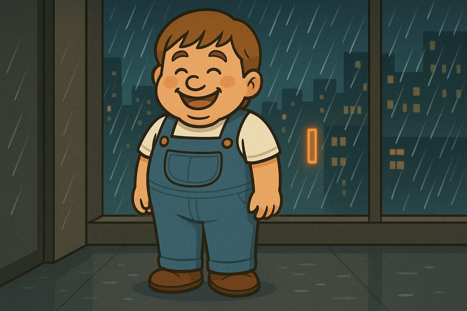 雨の夜、大きな体格の男性がスーツを探して街をさまようが見つからず、ビルの中で雨宿りしている様子のイラスト 「急な出張？それよりサイズが無いんです！」 ジーパン姿のタッカーズ×おもリッチ、夜の街で“サイズ迷子”中。