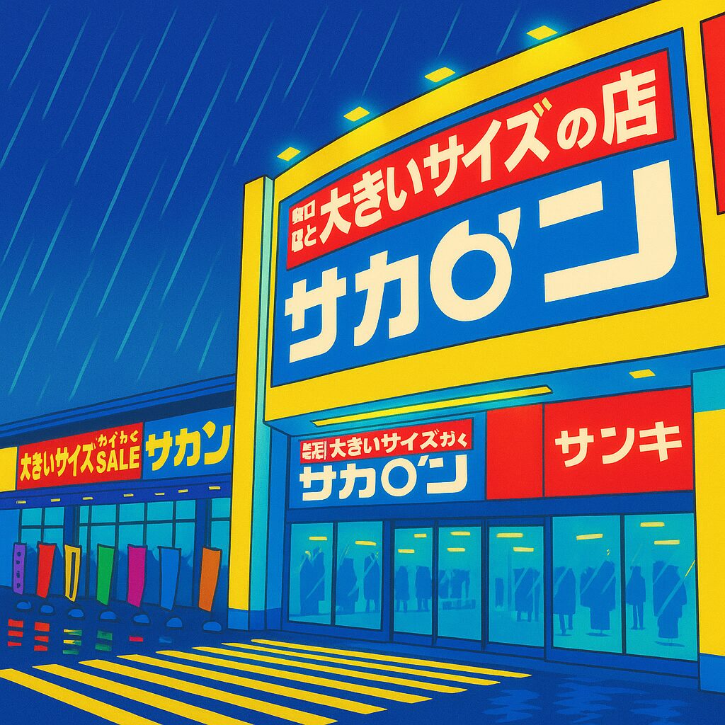 雨の夜、大きいサイズ専門店「サカ〇ン」の明るく照らされた店舗外観のイラスト 雨の夜でも安心！オーバーサイズの救世主「サカ〇ン」 急な出張やお通夜でも、大きい服が手に入る——それが「サカ〇ン」のすごさ。