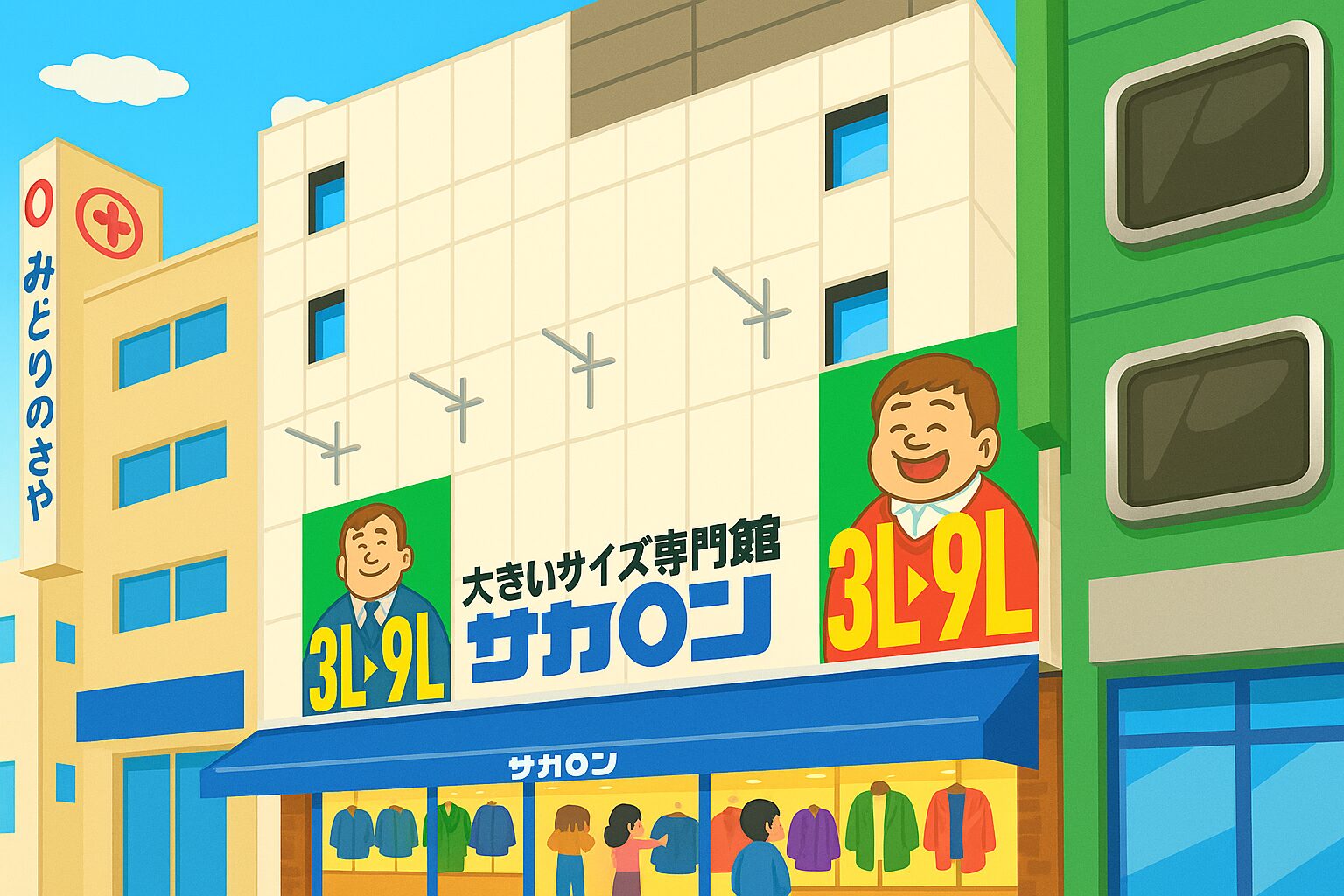 晴れた昼間に、サカ〇ン本店のビル全体が明るく描かれ、1階では買い物客が大きいサイズの服を選んでいるイラスト** ここが“最後の砦”！大きいサイズの聖地・サカ〇ン本店 3Lから9Lまで、探していたサイズがここにある。――このビルに入れば、もう迷わない。