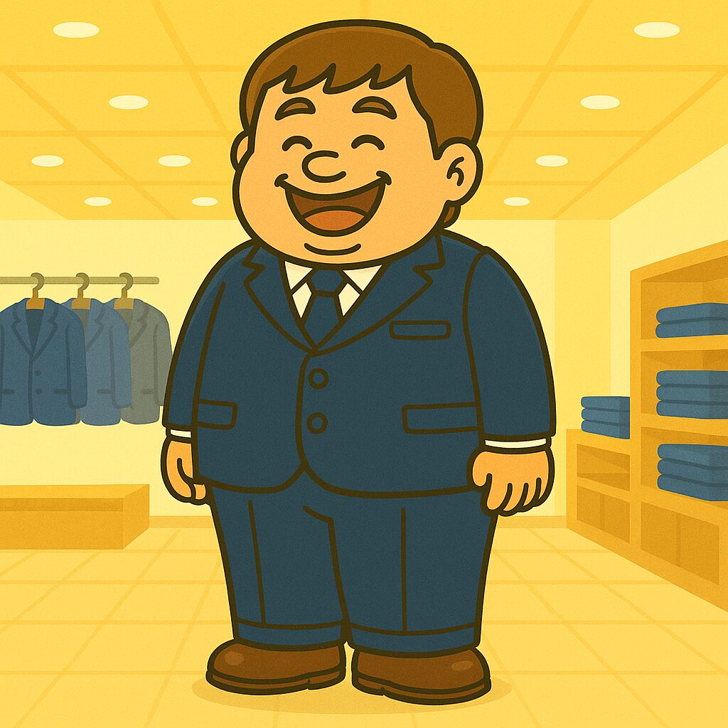 スーツを着たふくよかな男性が明るい店内で満足そうに立っているイラスト ようやく出会えた！ぴったりスーツにご満悦 選べないんじゃない、選べる店が少ないだけ。
