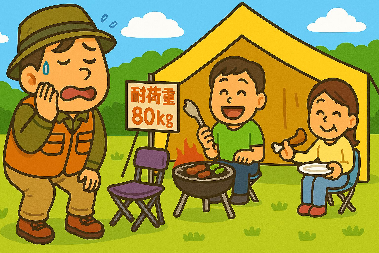 アウトドアで使う、小さな耐荷重80kgの折りたたみ椅子を前に戸惑う体格の大きい男性と、普通体型の人たちが問題なく座って食事を楽しんでいる様子のイラスト** 座っていいの？いや、壊れる未来が見える… 耐荷重80kgの椅子を前に、体重115kgのおもリッチは座る勇気が出ない。みんなは余裕でも、自分はギリギリアウト！