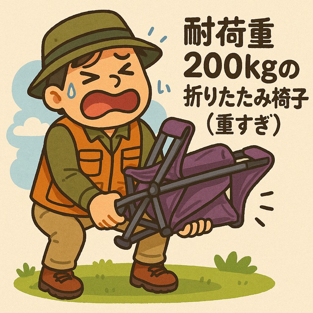 体重115kg、身長192cmのおもリッチが、耐荷重200kgのアウトドアチェアを前に即購入を決意し、そのチェアがゴルフバッグのように重厚であることを示すイラスト 耐荷重200kgチェア、即即ゲット！ 重厚アウトドアチェアに一目惚れ。その重さにも驚き！