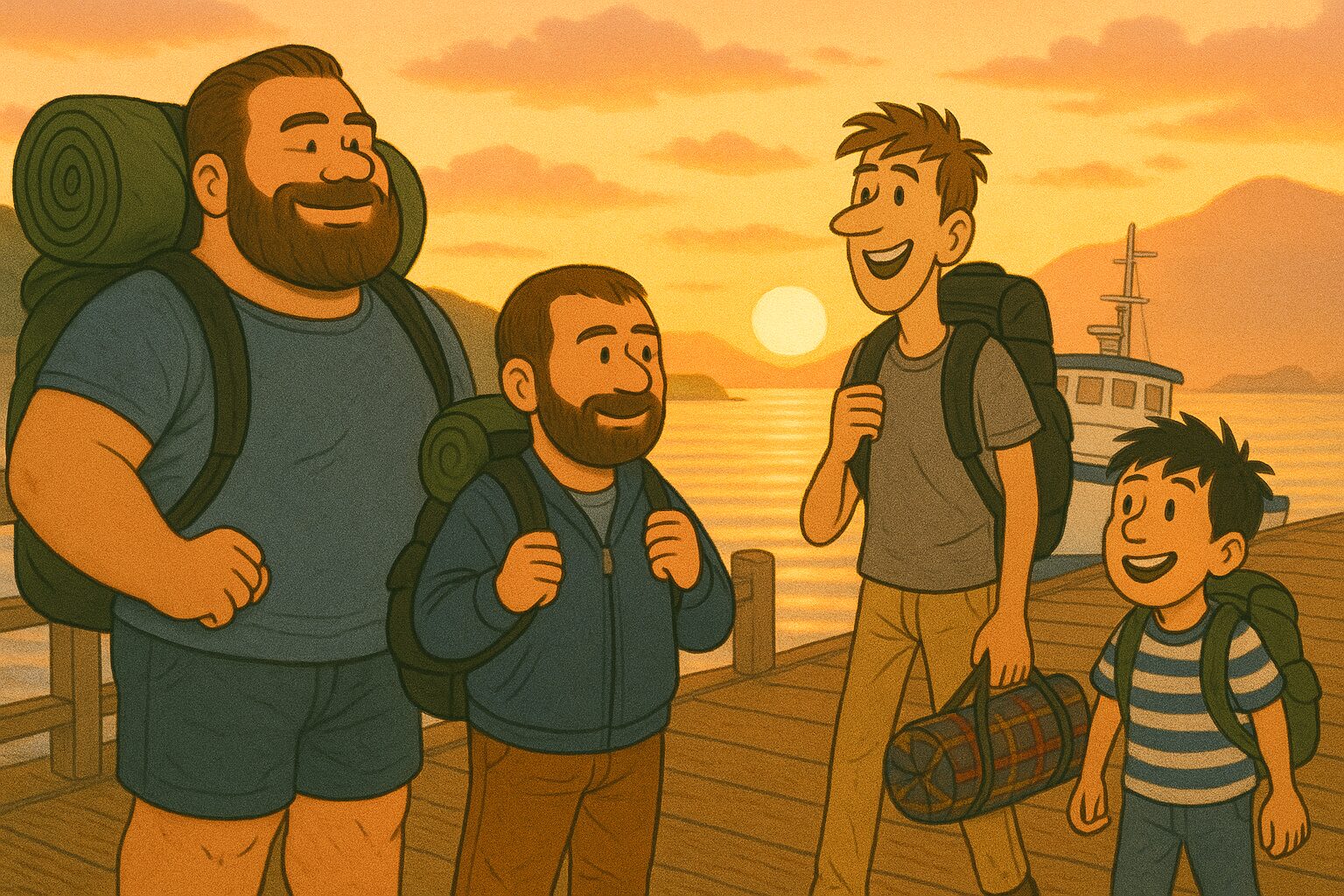 朝焼けの島に上陸した高校生4人組が、桟橋に降り立ったシーンのイラスト 朝焼けの島で始まる冒険──でか族高校生たちの上陸シーン 身長189cmのタッカーズを含む4人の高校生たちが、朝焼けのまぶしい桟橋に降り立つ。夏の島キャンプ、始まりのワンシーン。
