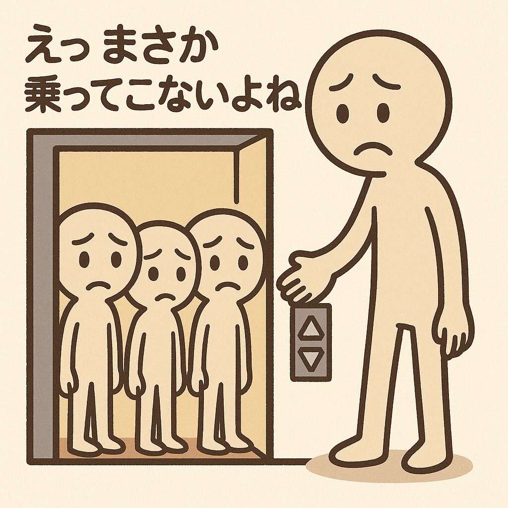 エレベーターに乗ろうとした大柄な人物が、周囲の冷たい視線に気づいて乗るのをやめた場面のイラスト 乗れるけど、乗らない選択──でか族のおもリッチのエレベーター事情 「えっ…まさか乗ってこないよね？」