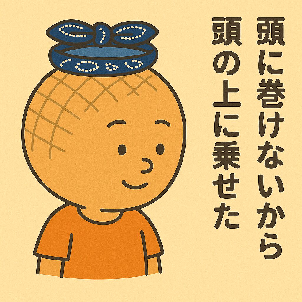 バンダナを頭に巻けないデカたま様が、代わりに頭の上にそっとバンダナを乗せているイラスト。 「巻けないなら、乗せればいい──デカたま様の知恵」 バンダナを巻こうとしても短すぎて届かず、そっと頭に乗せてみた。