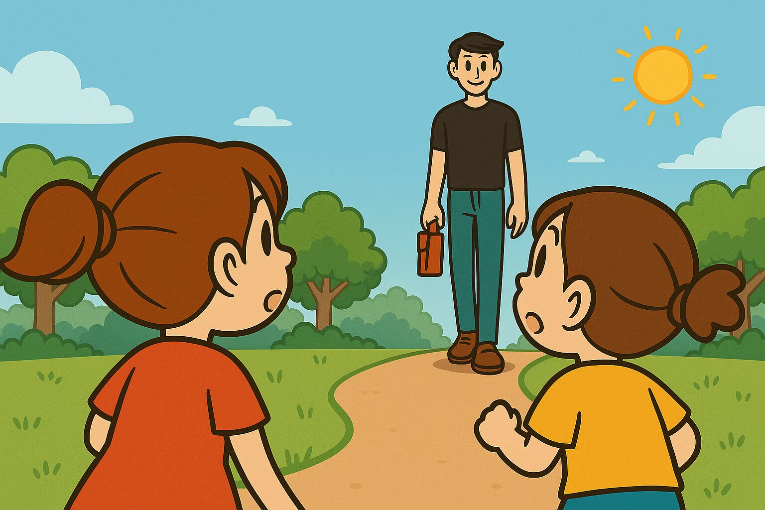 遠くから歩いてくる背の高い男性タッカーズを、公園で小学生の女の子二人が後ろ姿で見つめ、驚いている様子を描いたイラスト。 初めて見る「山みたいな大人」に驚く女の子たち 「ねぇ見て！めっちゃデカくない!?」公園で出会ったのは、192cmの“歩くランドマーク”タッカーズ。