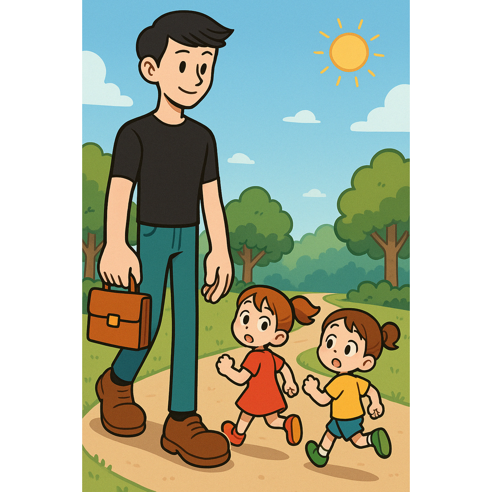 小学生の女の子2人が、街中で見かけた背の高い男性を追い抜きながら驚いた表情で見上げている様子 あの人、お父さんよりも先生よりもでっかい！ 女の子たちが小走りで横をすり抜ける──作戦名「チラ見で確認」発動中！