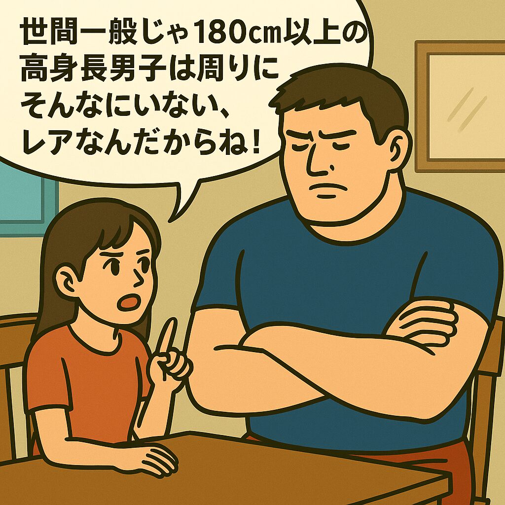 ダイニングのテーブル越しに、姪っ子が指を立てて発言している横で、腕を組んで真剣な表情を浮かべている大柄な若いおじさん（筋肉質・身長192cm・体重115kg）が座っている。吹き出しには「世間一般じゃ180cm以上の高身長男子は周りにそんなにいない、レアなんだからね！」というセリフが表示されている。 「高身長はレアなんだってば！姪っ子からの真剣指摘」 「高身長は“当たり前”じゃないんだからね！」