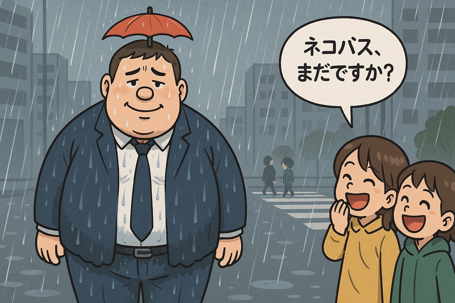 小さな赤い折りたたみ傘を頭上にちょこんと差すメタポン。肩から下はびしょ濡れで、横の子どもたちに“トトロみたい！”と笑われているコミカルな雨の日の場面。