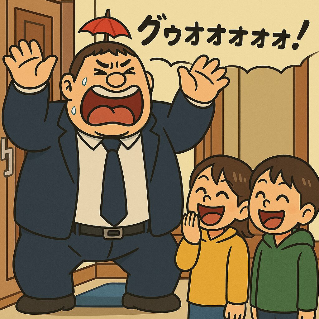 スーツ姿の大きな男性が雨の中、小さな折りたたみ傘を頭にちょこんとさしたまま玄関で「グゥォォォォ！」とトトロの真似をしている。玄関を開けた子供たちが大笑いしながら喜んでいる様子を描いたイラスト。