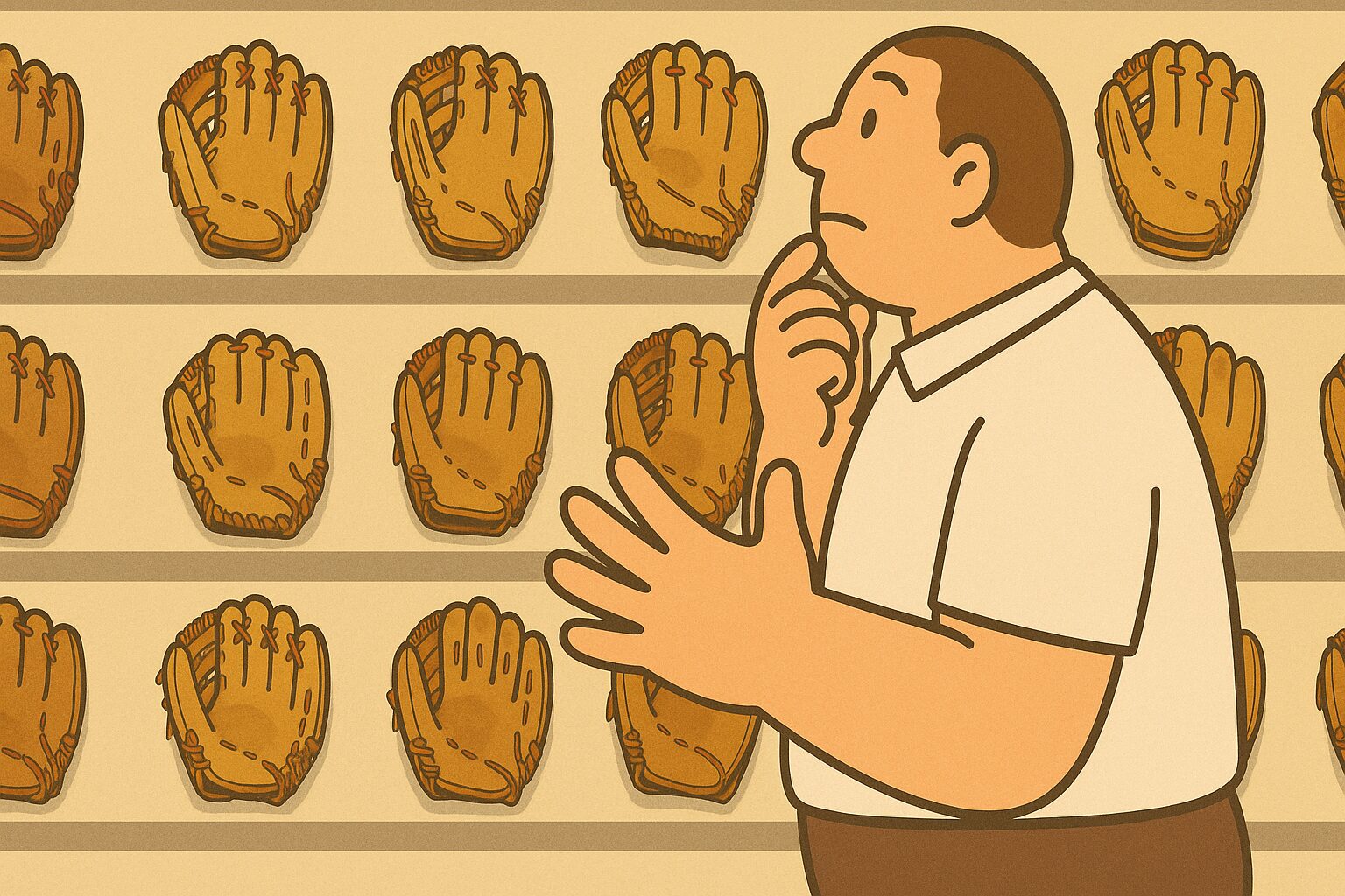 ベースボール専門店でグローブ売り場を見つめる背の高い若い男性。手が大きく、どのグローブにするか悩んでいる様子。 「どれなら入る？大きな手の悩み」 たくさんあるのに、選べない。手が大きいと、まず“入るか”が問題です。