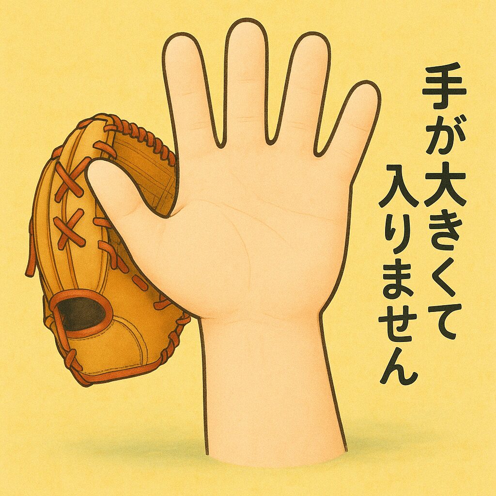 大きな手が野球のグローブに入らず困っている様子のイラスト。手のひらの横にグローブがあるが、明らかにサイズが合っていない。 「グローブに手が入らない体の大きい人あるある」 「手が大きすぎてグローブに入らない」——草野球を始めようとしたパーたんが直面した、サイズ選択肢ゼロの現実。