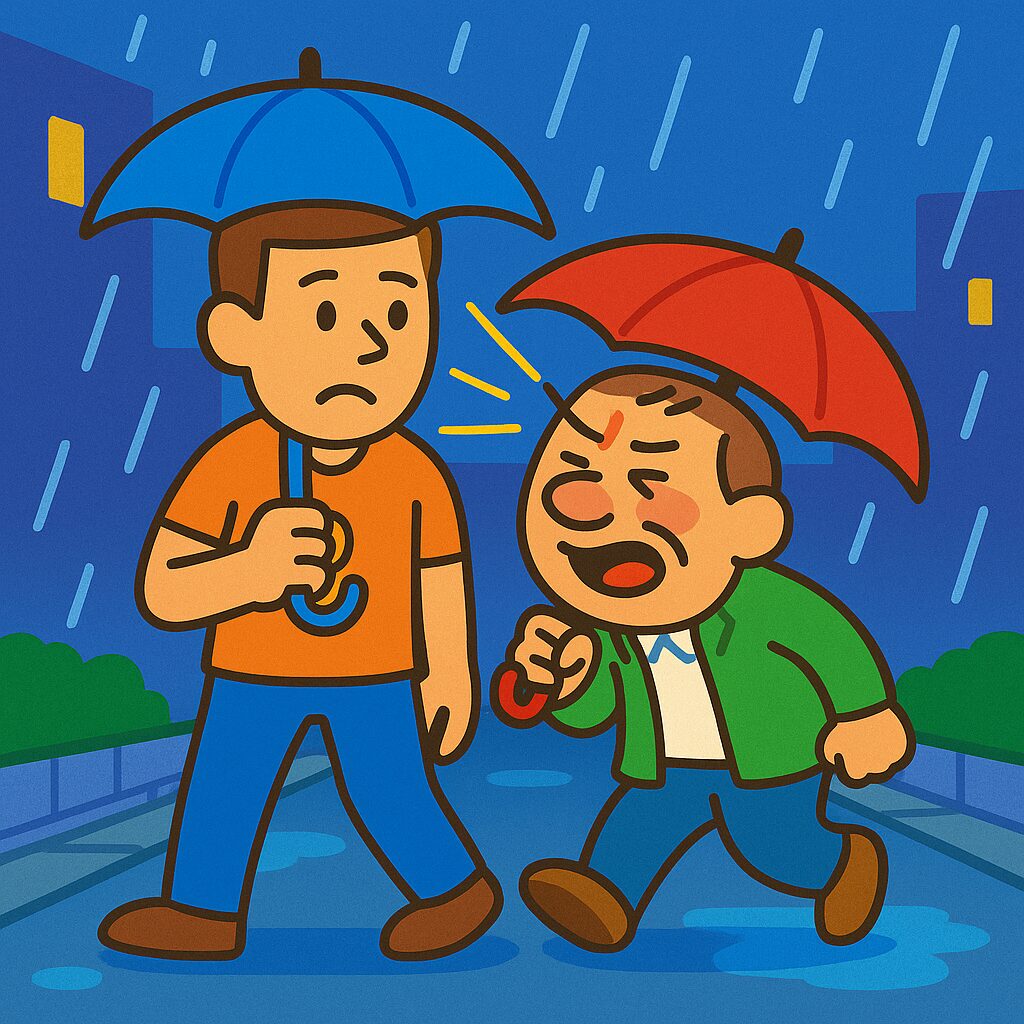 雨の夕方、狭い歩道ですれ違うタッカーズと酔っぱらいのおっちゃん。おっちゃんの傘の先がタッカーズの目に迫っている様子。 傘の露先、目の前スレスレ問題! すれ違いざまの傘、目の高さでヒヤリ!