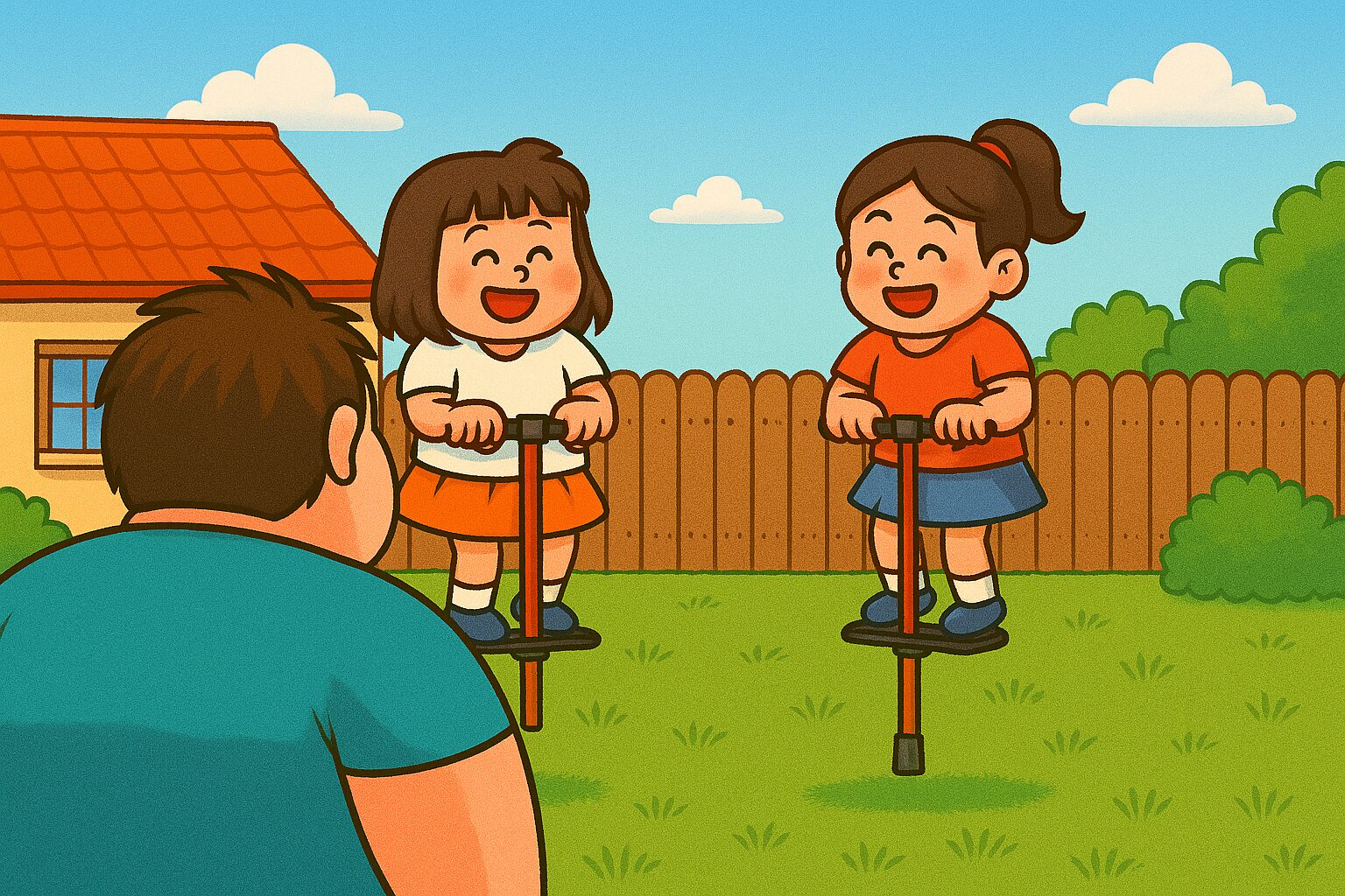 庭でホッピングを楽しむ小学生の姉妹を、体の大きい男性が微笑ましく見つめている様子。 「次やらせて！」ホッピング姉妹とおもリッチのほのぼの対面 上司の庭でホッピングを楽しむ2人の娘。童心に返ったおもリッチが、懐かしさと期待を胸に声をかける瞬間。