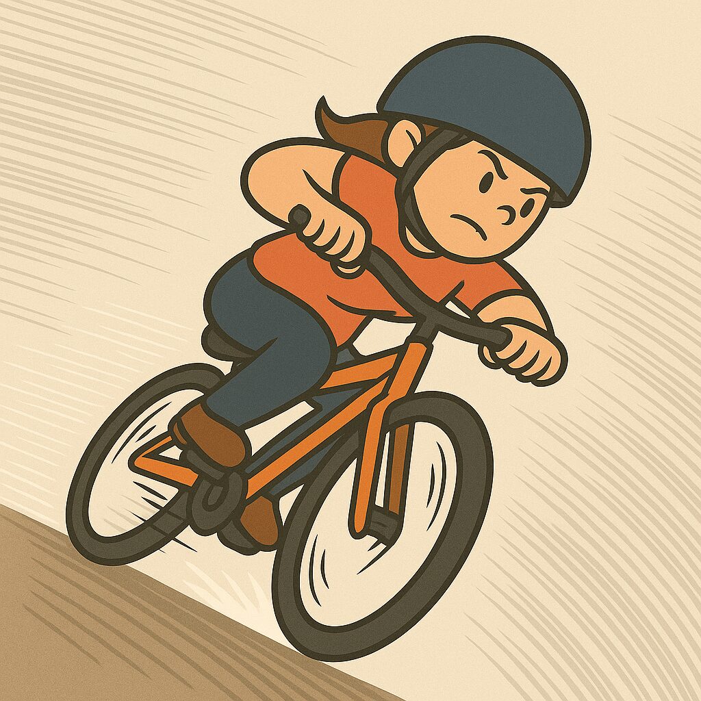 「小柄な女性が自転車をバイクレーサーのように大きく体を傾けて走行している様子。強いスピード感と迫力のあるポーズで描かれている。」