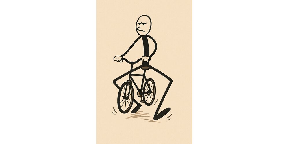 ヤンキー乗りで自転車をこぐ棒人間。膝を大きく外に開いて、必死にペダルをこいでいる様子。 「ヤンキー乗り」でしか乗れない長い脚 足が長すぎると…自転車にまたがるだけでヤンキー風になる高身長あるある。