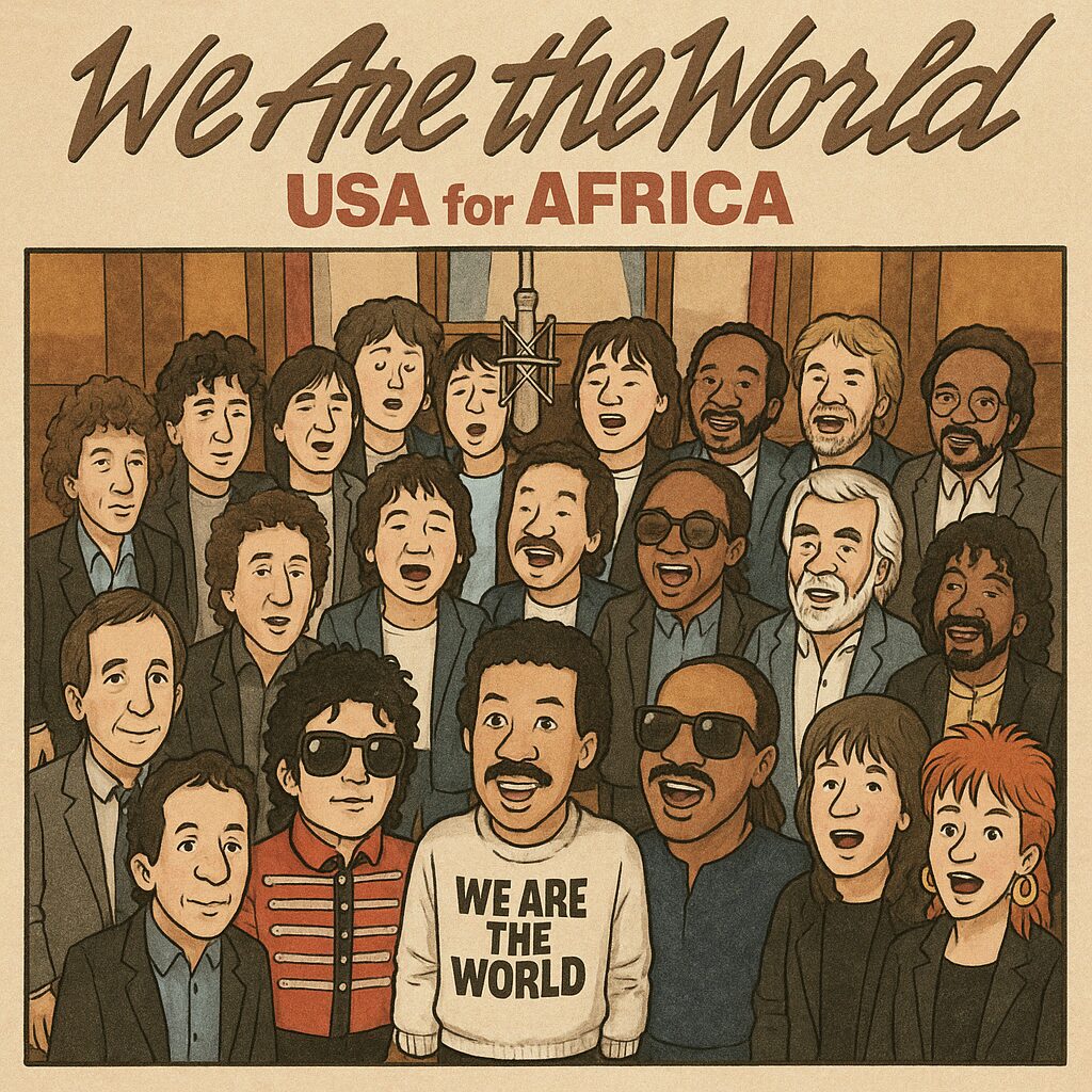 「We Are The World」を歌うアーティストたちが一堂に会して大合唱している様子のイラスト。中央には“WE ARE THE WORLD”の文字が入った服を着た人物が描かれている。 伝説のチャリティー曲「We Are The World」：40人で歌うという奇跡 We Are The World